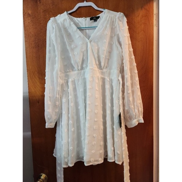 Lulus-Always On Repeat White Clip Dot Long Sleeve Mini Dress - Picture 2 of 3